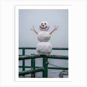 Snowman On Railing Art Print