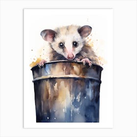 Light Watercolor Painting Of A Possum In Trash Can 1 Art Print