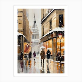 Paris cafes, winter season, Christmas, autumn oil colors, pale colors, pedestrians in the street, winter clothes, falling snow.7 Art Print