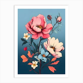 Flowers On A Blue Background 7 Art Print