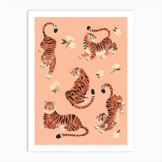 Fierce Tigers In Peach Art Print