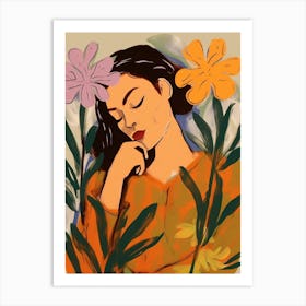 Woman With Autumnal Flowers Freesia 2 Art Print