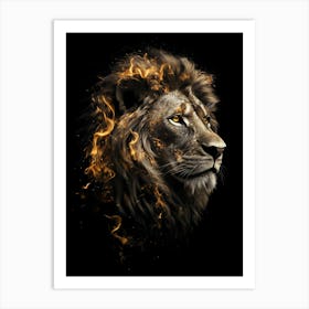 Lion On A Black Background With Golden Flames Art Print