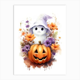 Cute Ghost With Pumpkins Halloween Watercolour 109 Art Print