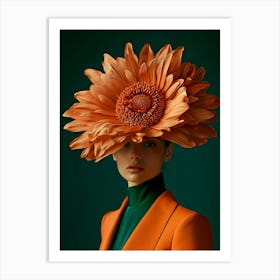 Surreal 0009 Teal And Orange Flower Girl 0001 Teal And Orange Flower Girl 0009 Bp6586 A Woman With A Big Flower On Her Art Print