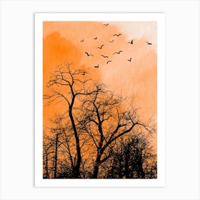 watercolor trees,birds,nature,forest,orange,sunset Art Print