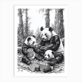 Giant Panda Family Picnicking In The Woods Ink Illustration 4 Art Print