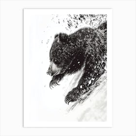 Malayan Sun Bear Cub Sliding Down A Snowy Hill Ink Illustration 1 Art Print