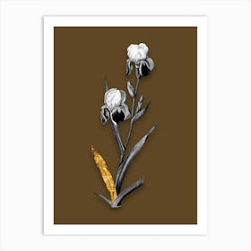 Vintage Elder Scented Iris Black and White Gold Leaf Floral Art on Coffee Brown n.0330 Art Print