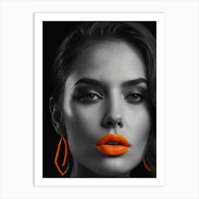 Portrait of a girl with bright orange lipstick on her lips Art Print