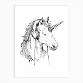A Unicorn Listening To Music With Headphones Black & White 1 Art Print