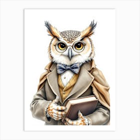 A Detailed Watercolor Depiction Of An Owl Dressed As A University Professor Art Print