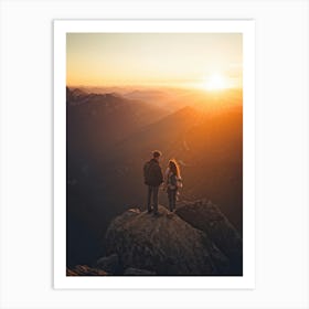 Couple Standing On Top Of Mountain At Sunset Art Print