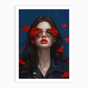 Girl With Red Flowers Art Print