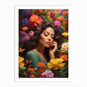 A Portrait Of A Woman Lost In Thought and flowers Art Print