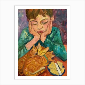 Portrait Of A Boy With Orange Cats Having Dinner Art Print