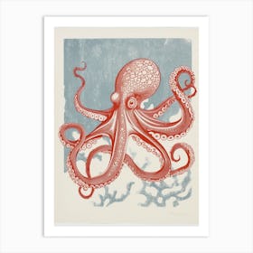 Chalk Blue Octopus Inspired Linocut 2 Art Print