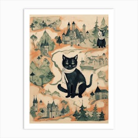 Black Cats With White Scarves & Medieval Forest  Art Print