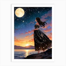 Girl Looking At The Moon Art Print