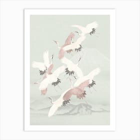 Vintage Japanese Egret Birds Flight Pastel Blue Art Print
