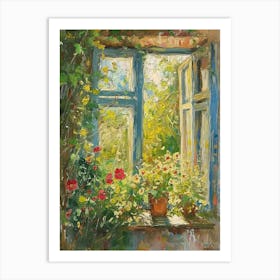 Geranium Flowers On A Cottage Window 2 Art Print