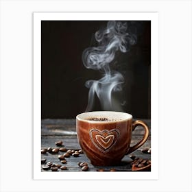 Cappuccino In A Rustic Wood Mug Amid Billowing Smoke Background Of Dark Roasted Beans And Steam Ri Art Print