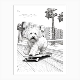 Havanese Dog Skateboarding Line Art 1 Art Print