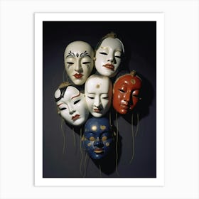 Noh Masks Japanese Style Illustration 17 Art Print