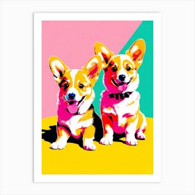 'Corgi Pups', This Contemporary art brings POP Art and Flat Vector Art Together, Colorful Art, Animal Art, Home Decor, Kids Room Decor, Puppy Bank - 69th Art Print