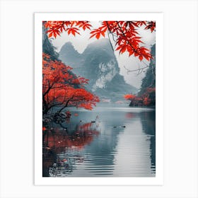 Red Leaves In A Lake Art Print