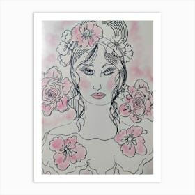 Girl with roses and touch of pink  Art Print