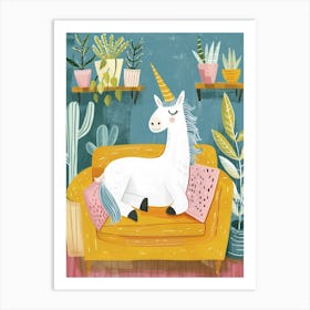 Storybook Style Unicorn Sat On A Mustard Sofa With Plants Art Print