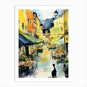 Food Market With Cats In Stockholm 3 Watercolour Art Print