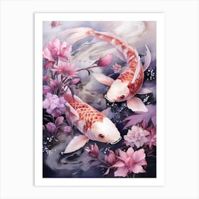 Pink And Purple Koi Fish Watercolour With Botanicals 1 Art Print