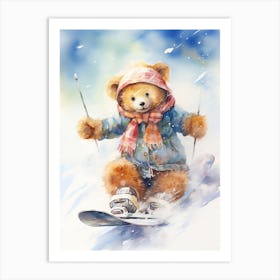 Snowboarding Teddy Bear Painting Watercolour 3 Art Print