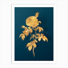 Vintage Provence Rose Bloom Botanical in Gold on Teal Blue n.0178 Art Print