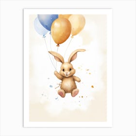 Baby Rabbit Flying With Ballons, Watercolour Nursery Art 1 Art Print