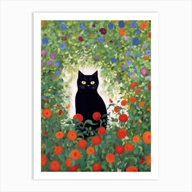 Flower Garden And A Black Cat, Inspired By Klimt 1 Art Print