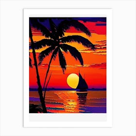 Acrylic Style Palm Tree Over The Beach Sunrise Art Print