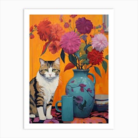 Pansy Flower Vase And A Cat, A Painting In The Style Of Matisse 3 Art Print