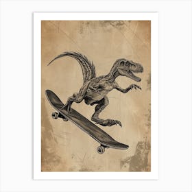 Vintage Protarchaeopteryx Dinosaur On A Skateboard  1 Art Print