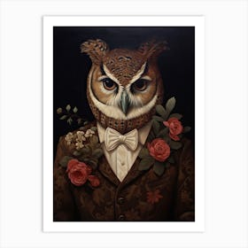 Owl Portrait With Rustic Flowers 1 Art Print