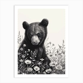 Malayan Sun Bear Cub In A Field Of Flowers Ink Illustration 4 Art Print