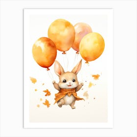 Rabbit Flying With Autumn Fall Pumpkins And Balloons Watercolour Nursery 1 Art Print