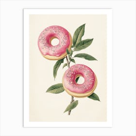 Botanical Illustration Of Pink Doughnuts With Sprinkles On A Branch With Green Leaves And A White Background Art Print