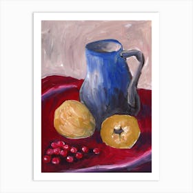 Quinces And A Blue Jug - painting still life vertical blue yellow Anton Maliar kitchen Art Print