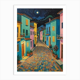 Colourful Village Cobblestone Street Art Print