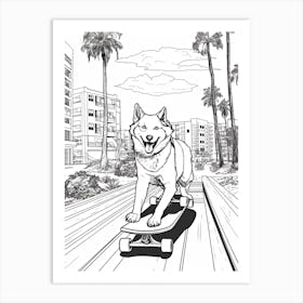 Siberian Husky Dog Skateboarding Line Art 4 Art Print