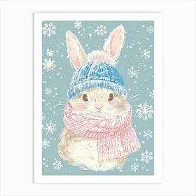 Adorable Bunny in a Winter Hat and Scarf | Pastel Pink And Blue Colors Art Print