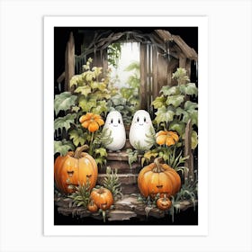 Cute Bedsheet Ghost, Botanical Halloween Watercolour 30 Art Print